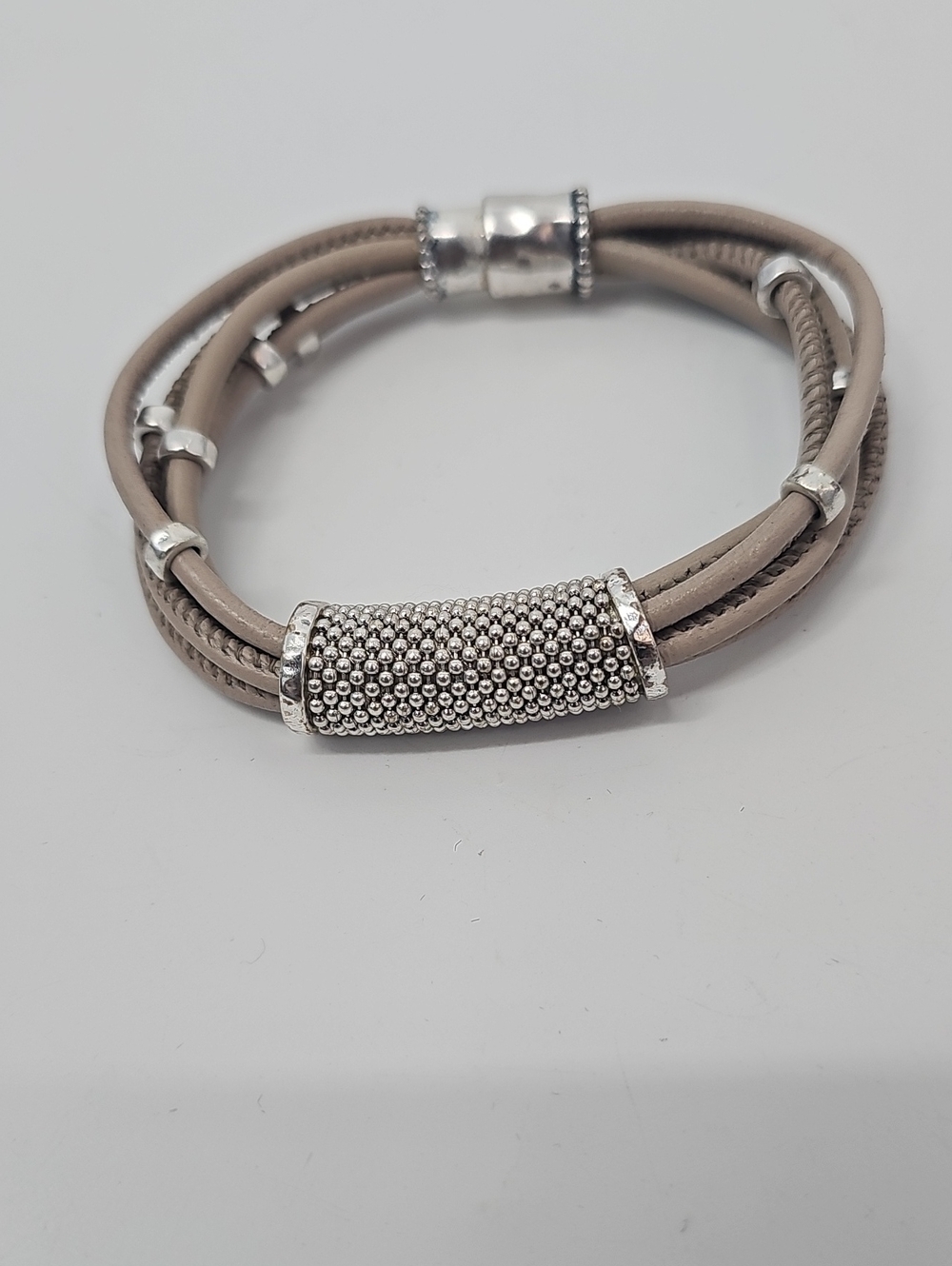 Chico's Taupe Faux Leather Rope Bracelet w Silver Accent & Magnet Clasp - Picture 5 of 6